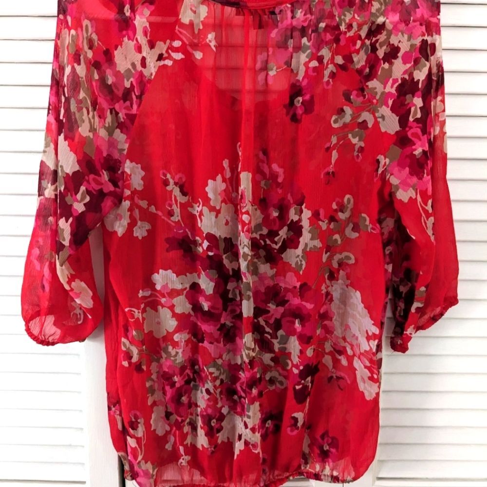 Express Womens sz M Boho Fuschia/Red/Pink Floral Sheer Top w/Ruffles Blouson - Picture 3 of 13